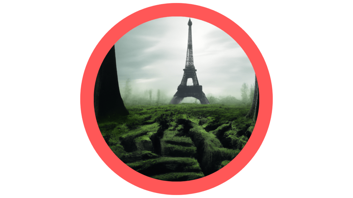 Een dystopisch landschap, waarin Parijs is overgenomen door de natuur en de Eiffeltoren bemost is. Toont de sfeer van een dystopische roman voor het artikel "Wat is een dystopische roman?"