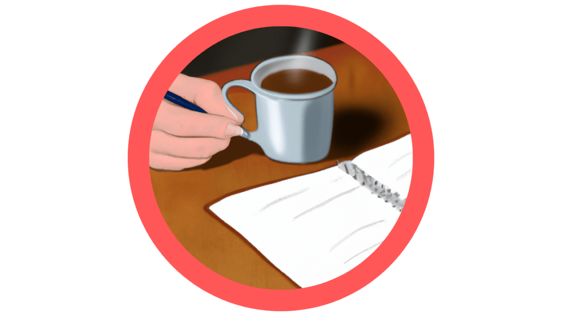 Afbeelding bij tekst over signaalwoorden. Een hand met daarin een pen, een hete kop koffie en een notitieboek opengeslagen op tafel.